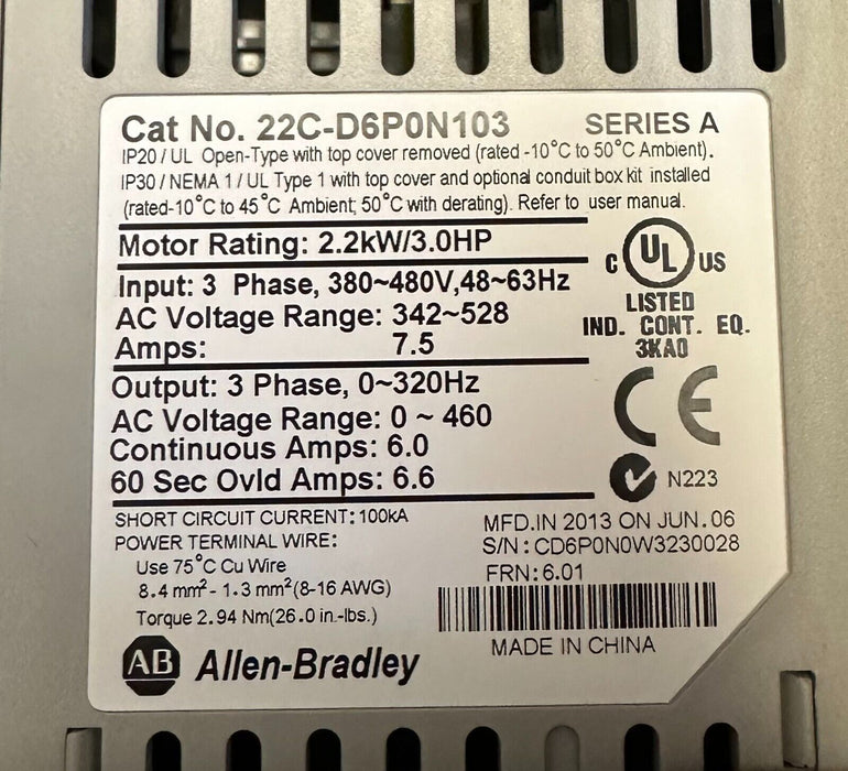 NEW ALLEN BRADLEY 22C-D6P0N103 /A PowerFlex 400 AC DRIVE 2.2kW3.0HP 22CD6P0N103