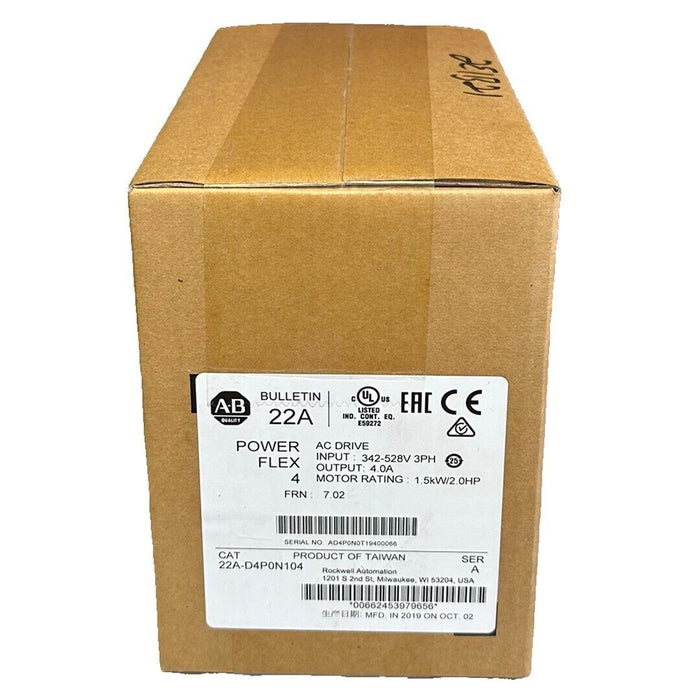 NEW SEALED ALLEN BRADLEY 22A-D4P0N104 /A PowerFlex 4 AC DRIVE 1.5kW/2.0HP 2019