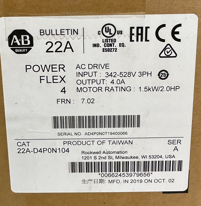 NEW SEALED ALLEN BRADLEY 22A-D4P0N104 /A PowerFlex 4 AC DRIVE 1.5kW/2.0HP 2019