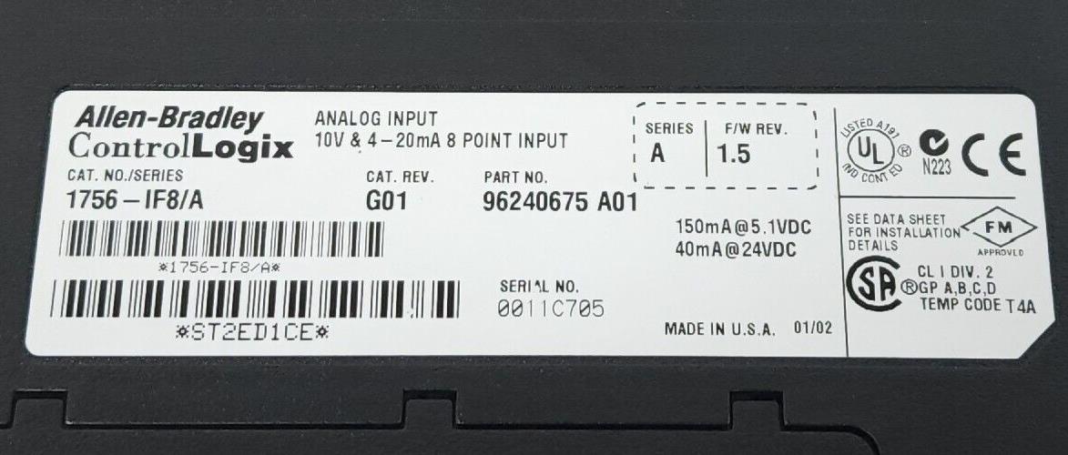 ALLEN BRADLEY 1756-IF8 /A CAT. REV. G01 F/W REV. 1.5 SER. A I/O MODULE