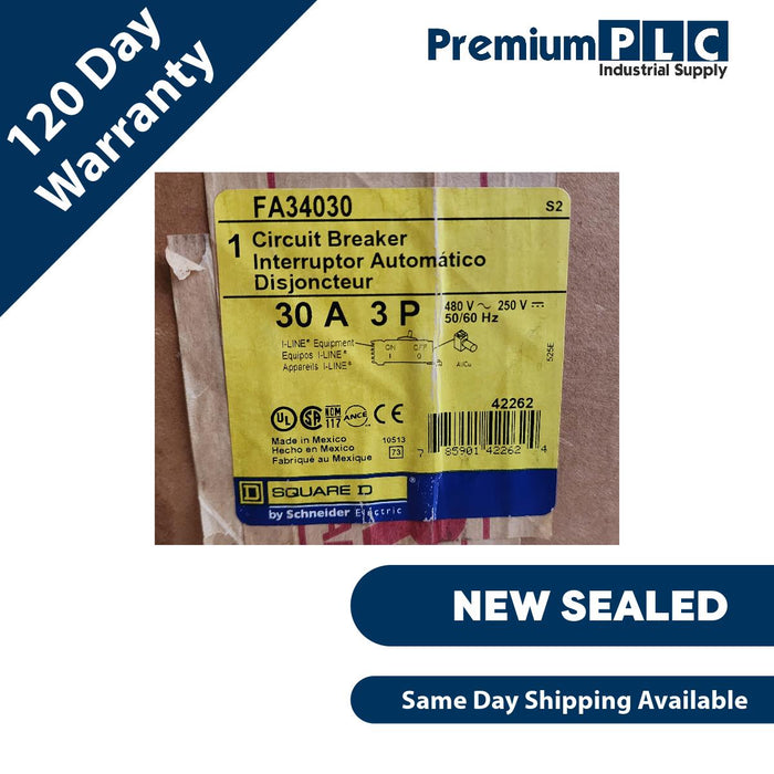 NEW SEALED SQUARE D FA34030 /S2 TYPE FA I-LINE CIRCUIT BREAKER 480V 30A, 3P