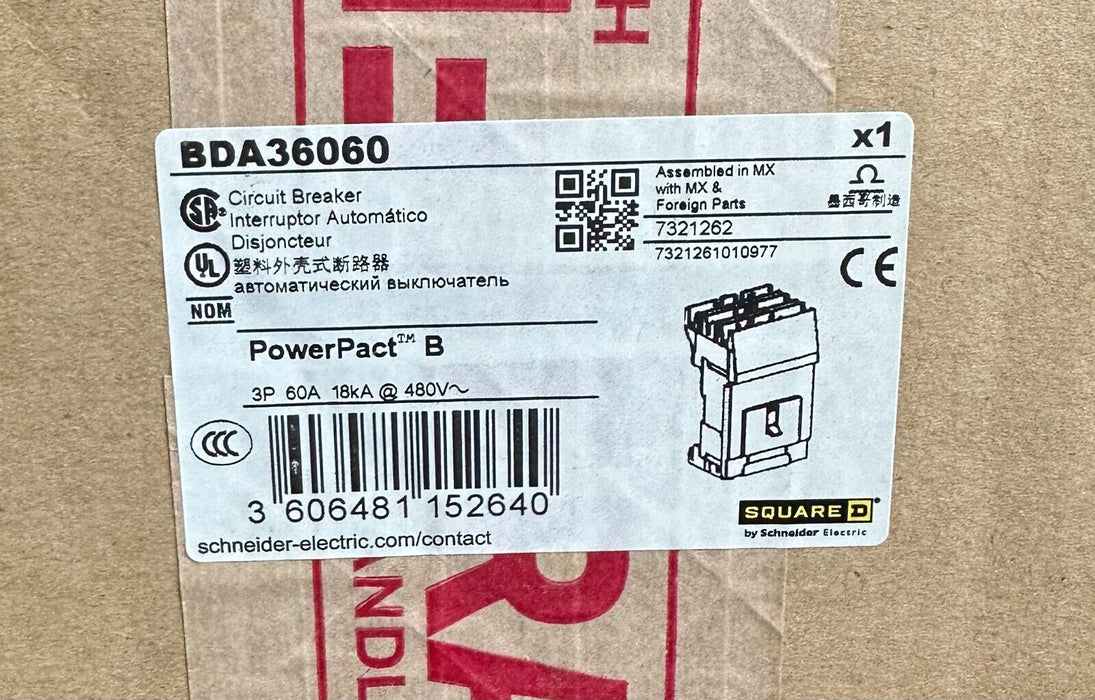 NEW SQUARE D BDL36060 PowerPact B CIRCUIT BREAKER 3P 60A 18kA @ 480V BD60