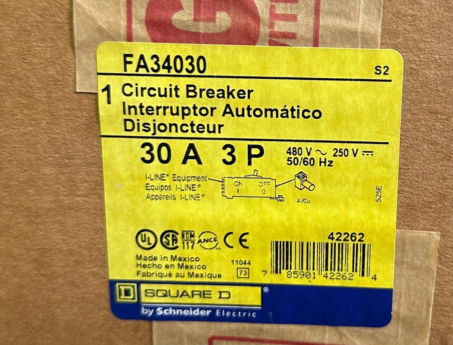 NEW SQUARE D FA34030 FA 30 A I-LINE PLUG-ON CIRCUIT BREAKER S2 50/60Hz 30A 3P