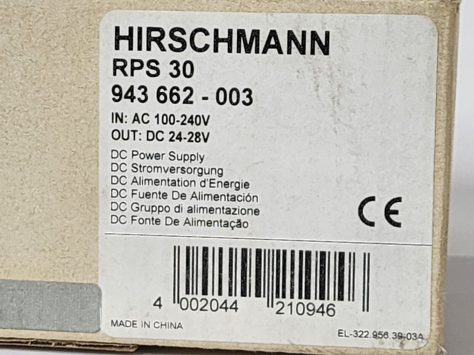 NIB HIRSCHMANN RPS-30 POWER SUPPLY AC-DC CONVERTER 943-662-003