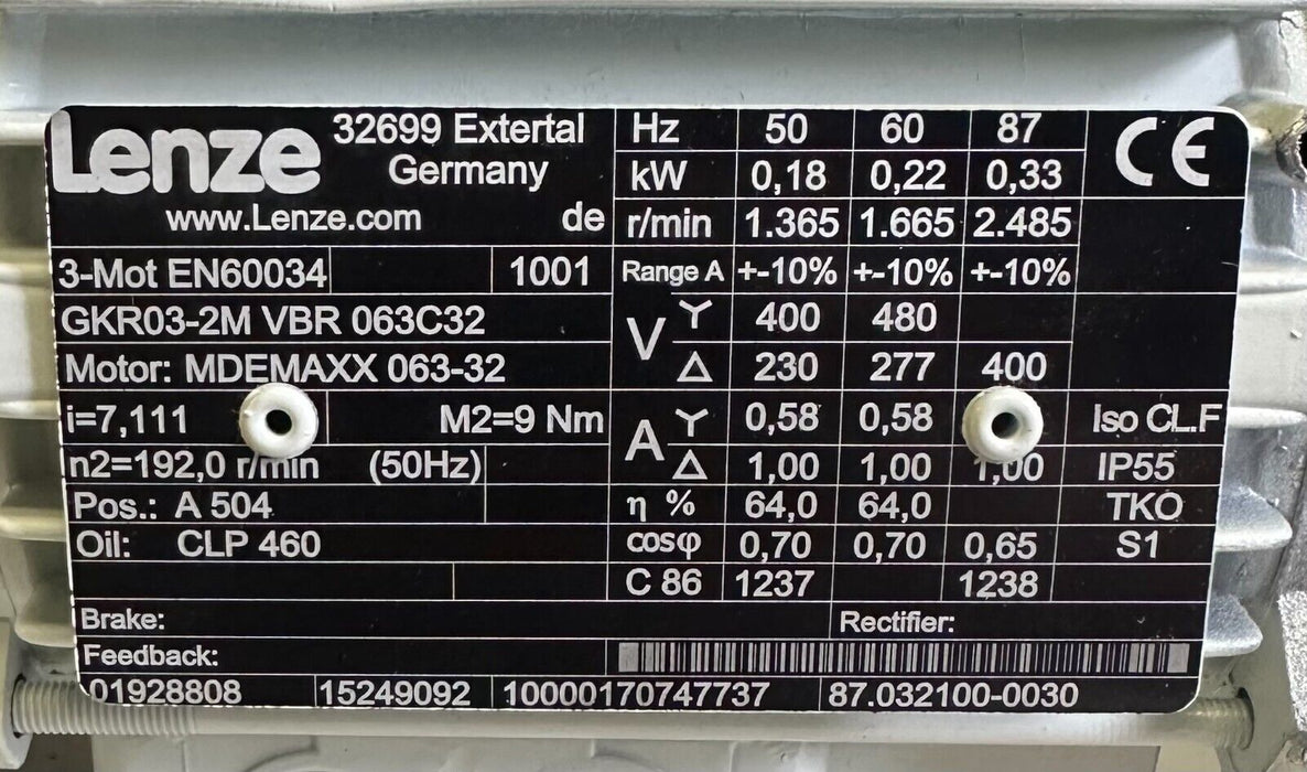 NEW LENZE MDEMAXX 063-32 GEAR MOTOR GKR03-2M VBR 063C32 15249092 NNB *DAMAGED