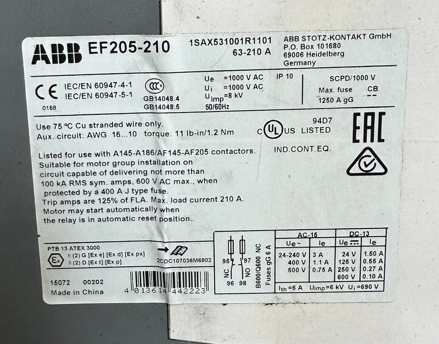 ABB A185-30 / A18530 CONTACTOR 275A 1000V 3-POLE W/ ABB EF205-210 OVERLOAD RELAY