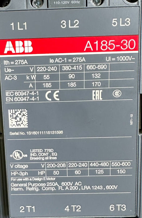 ABB A185-30 / A18530 CONTACTOR 275A 1000V 3-POLE W/ ABB EF205-210 OVERLOAD RELAY