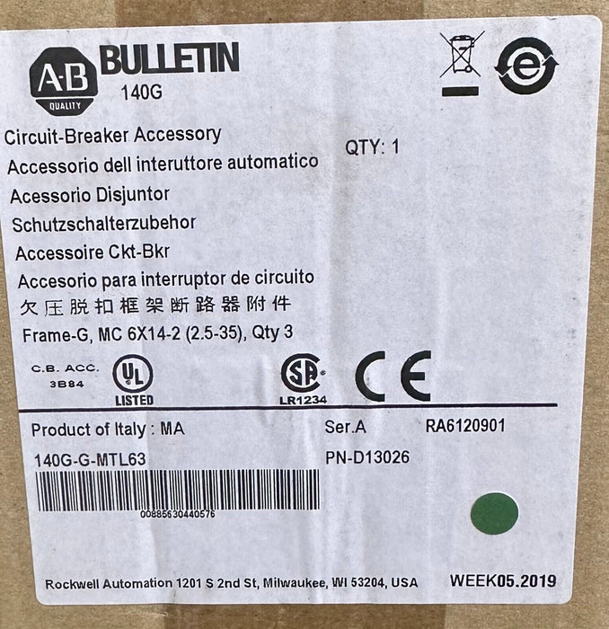 NEW SEALED ALLEN BRADLEY 140G-G-MTL63 /A CIRCUIT BREAKER ACCESSORY 140GGMTL63