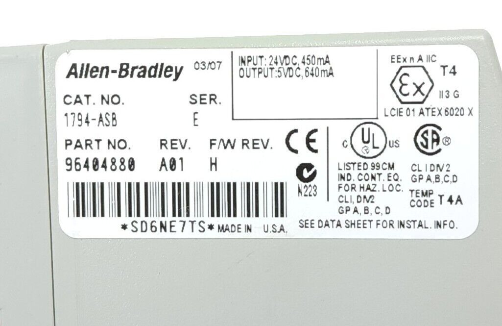 ALLEN BRADLEY 1794-ASB SER. E REV. A01 FLEX I/O 24VDC POWER SUPPLY RIO ADAPTER