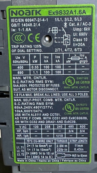 NOARK Ex9S32A1.6A / Ex9S32A16A MANUAL MOTOR STARTER Ex9CS12 Ex9S32 Ex9CS12D10