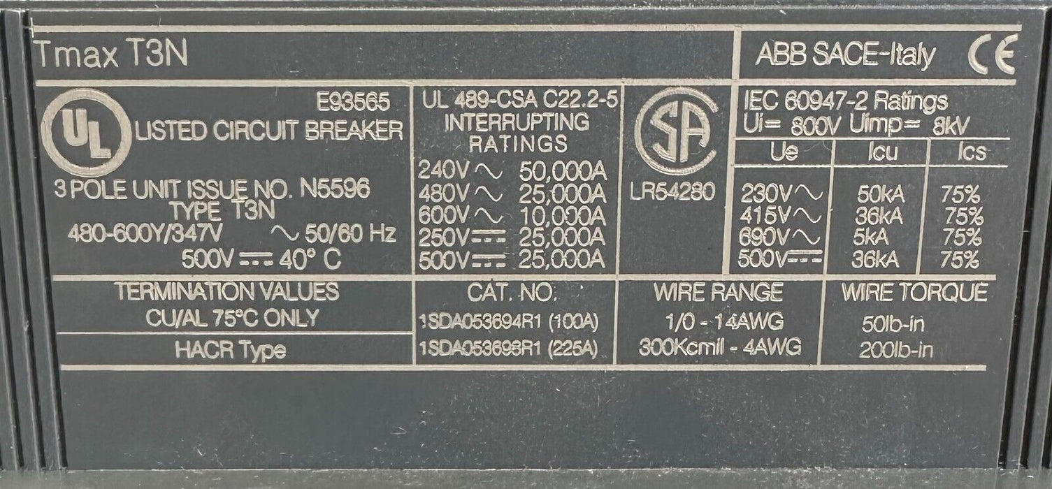 NEW ABB SACE Tmax T3 N 225 CIRCUIT BREAKER 175A 3-POLE T3N175TW 1SDA053564R1