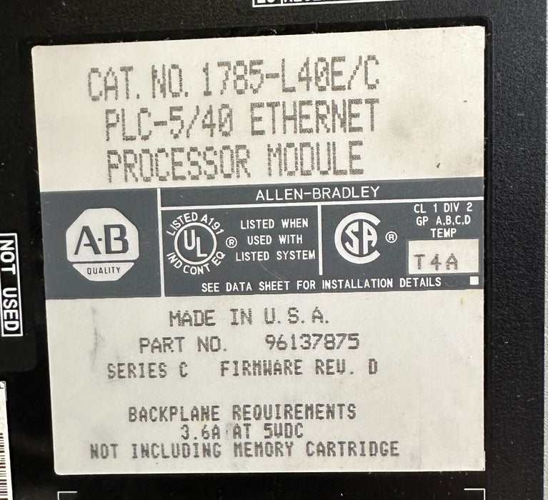 ALLEN BRADLEY 1785-L40E /C PLC-5/40 EtherNet PROCESSOR MODULE F/W. D 1785L40E