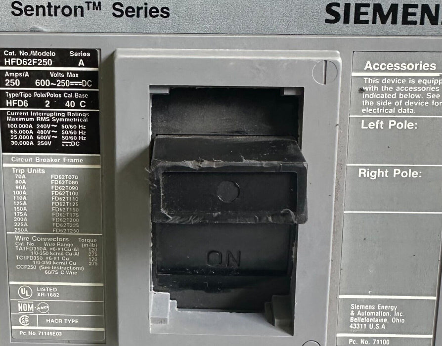 SIEMENS HFD62F250 /A Sentron Series CIRCUIT BREAKER 250A HFD6 FRAME ONLY NO TRIP