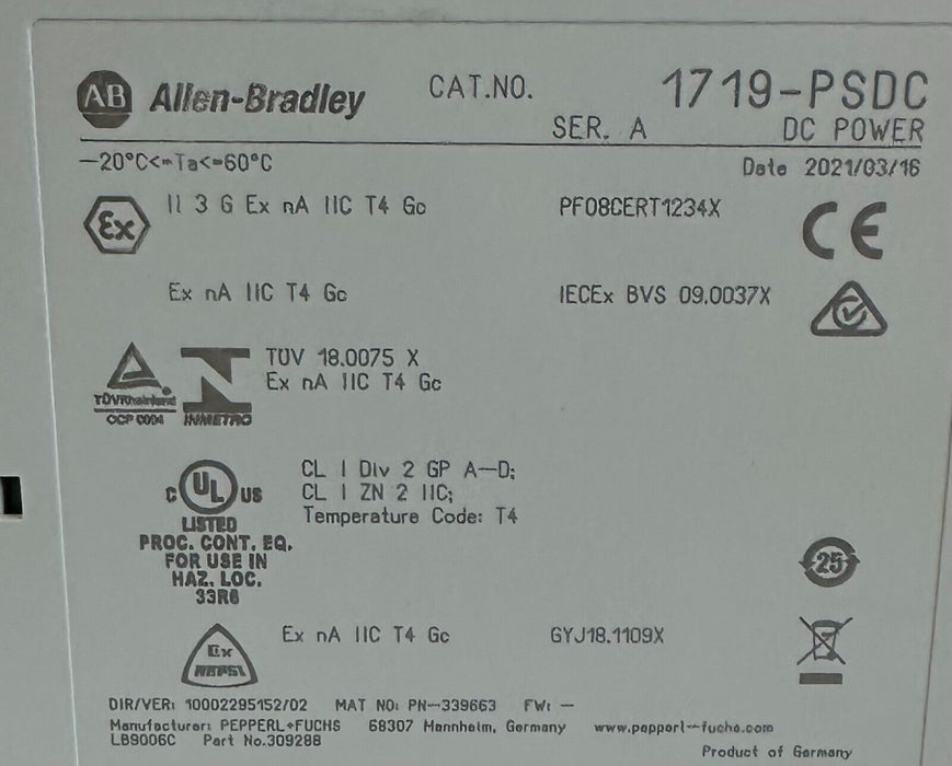 ALLEN BRADLEY 1719-PSDC /A EX I/O INTRINSICAL DC POWER SUPPLY 1719PSDC