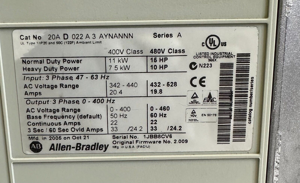 ALLEN BRADLEY 20AD022A3AYNANNN /A PowerFlex 70 AC DRIVE 11kW/15HP 432-528V 19.8A
