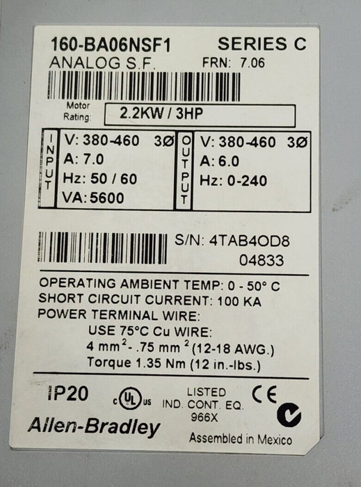 ALLEN BRADLEY 160-BA06NSF1 SER. C VARIABLE SPEED DRIVE FRN: 7.06