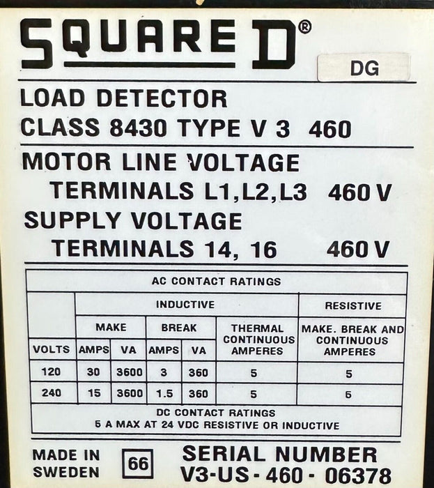 SQUARE D 8430-V3460 / 8430V3460 RELAY LOAD DETECTOR 8430 460V 3-PHASE * MISSING