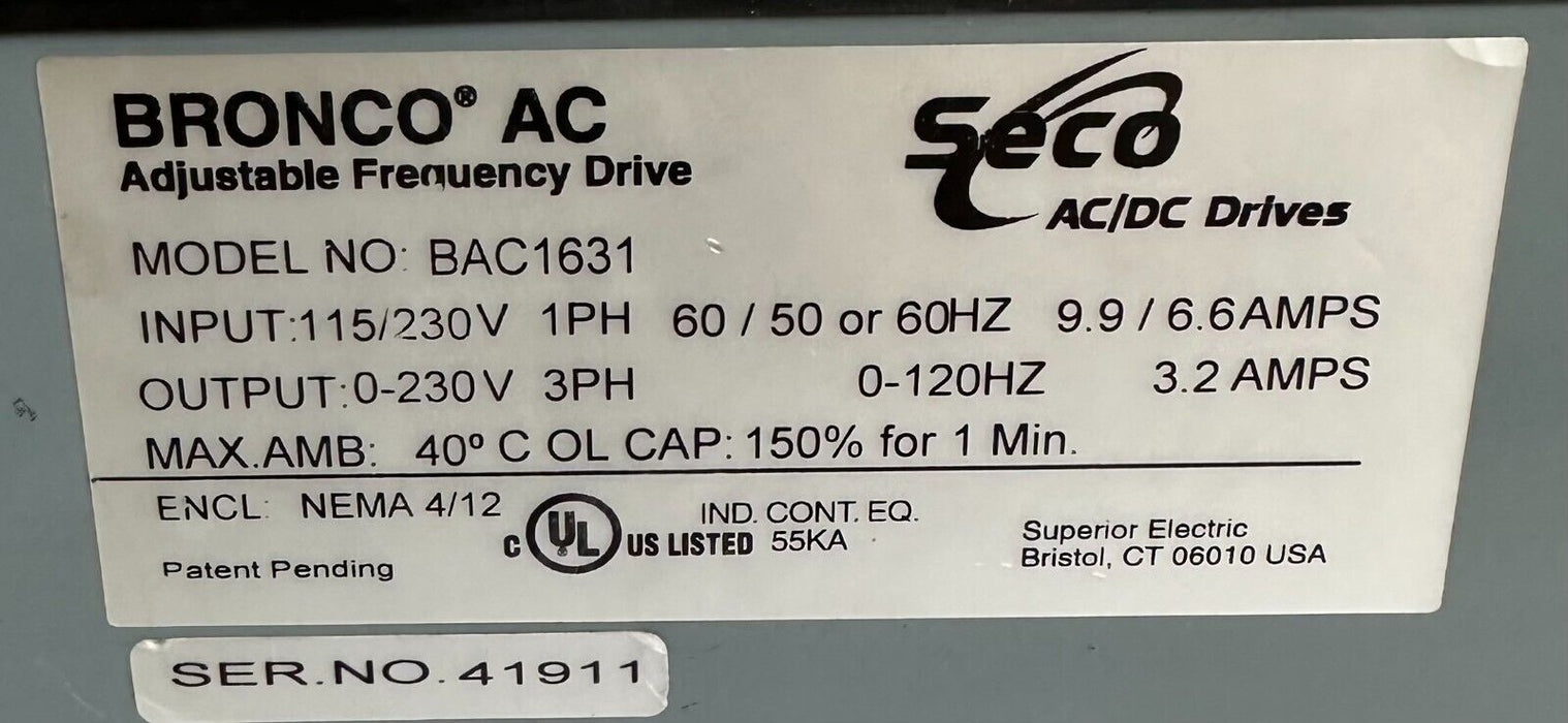 SUPERIOR ELECTRIC SECO BAC1631 BRONCO AC DRIVE 115/230V 50/60Hz 9.9/6.6AMPS *