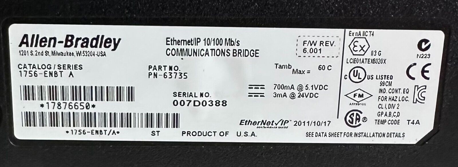 ALLEN BRADLEY 1756-ENBT /A ControlLogix EtherNet/IP 10/100Mb/s COMM 1756ENBT