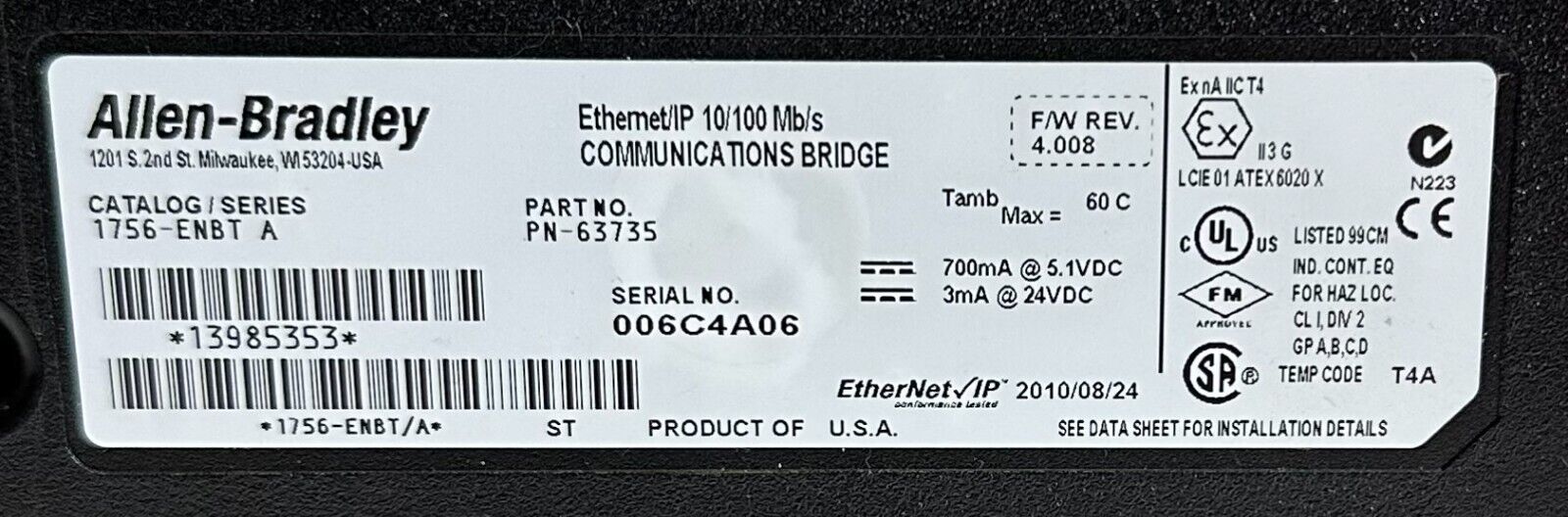 ALLEN BRADLEY 1756-ENBT /A ControlLogix EtherNet/IP 10/100Mb/s COMMS 1756ENBT