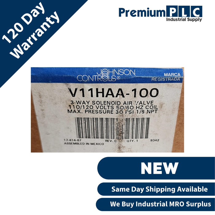 NEW JOHNSON CONTROLS V11HAA-100 3-WAY SOLENOID AIR VALVE 120V 30PSI 1/8NPT