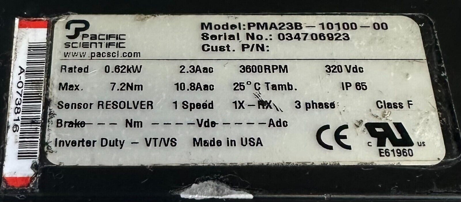 REPAIRED PACIFIC SCIENTIFIC PMA23B-10100-00 / PMA23B1010000 SERVO MOTOR 0.62kW