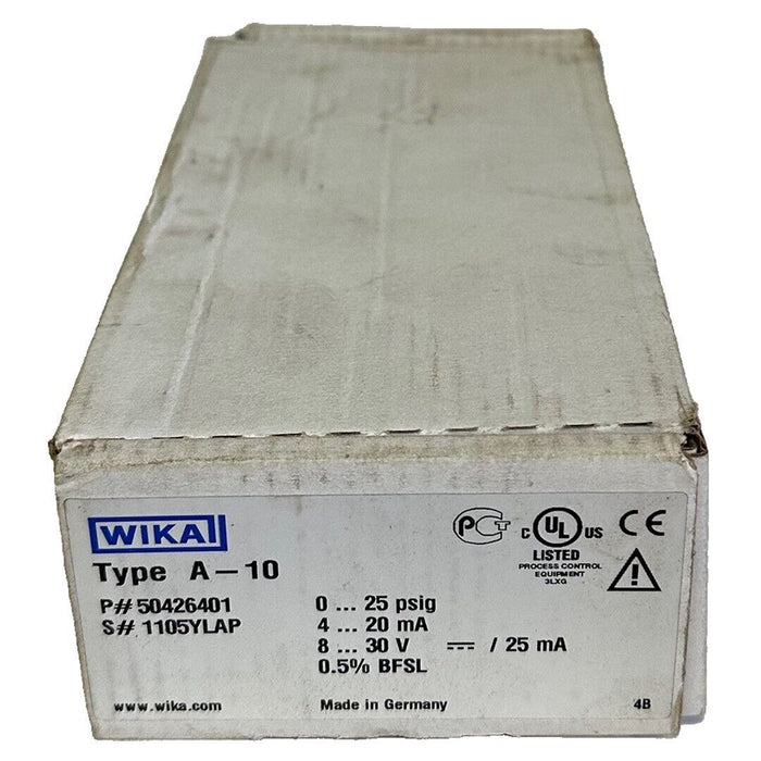 NEW WIKA 50426401 TYPE A-10 PRESSURE TRANSMITTER 0-25PSIG 4-20mA 8-30V 1/4''NPT