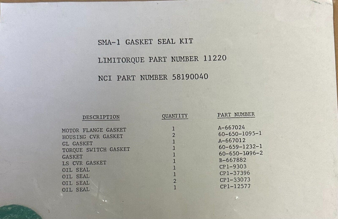 NEW OPS LIMITORQUE SMA-1 / SMA1 GASKET SEAL KIT 11220 / 58190040