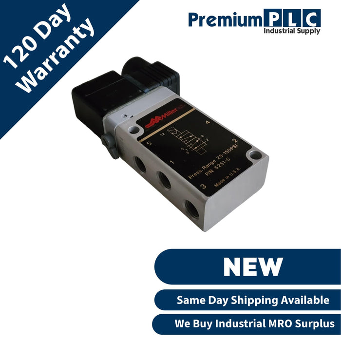 NEW PARKER MILLER FLUID POWER 5251-S / 5251S SOLENOID VALVE 25-150PSI 220V COIL