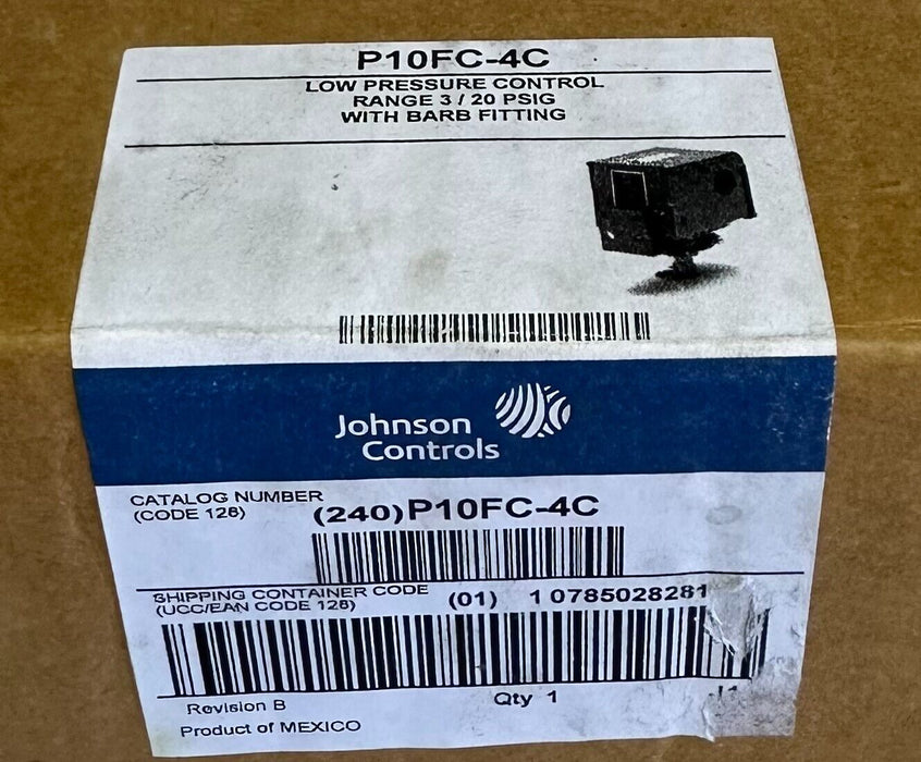 NEW JOHNSON CONTROLS P10FC-4C / P10FC4C LOW PRESSURE CONTROL 3-20PSIG W/ BARB
