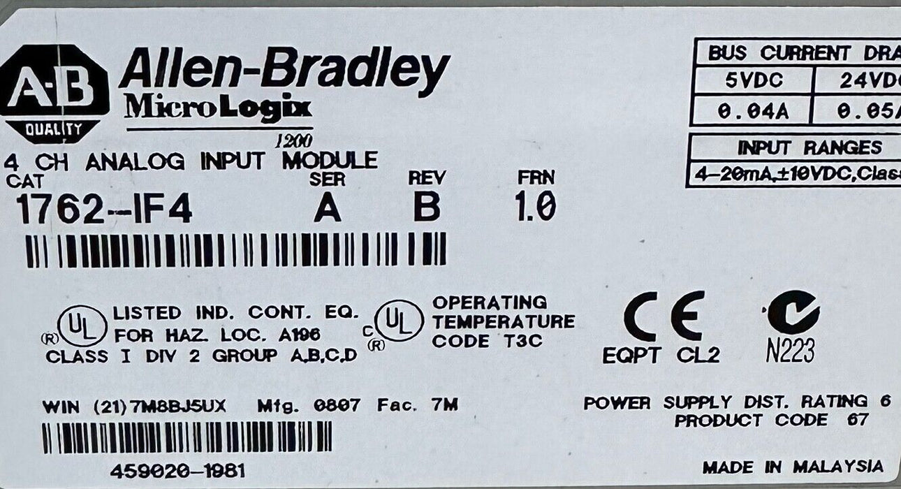 ALLEN BRADLEY 1762-IF4 /A MicroLogix 4-CHANNEL ANALOG INPUT MODULE 1762IF4