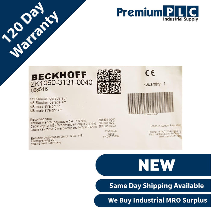 NEW BECKHOFF ZK1090-3131-0040 EtherCAT CABLE 4-PIN M8 MALE/M8 MALE 4m 068516