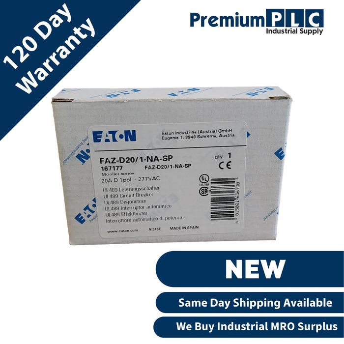 NEW GENUINE EATON FAZ-D20/1-NA-SP MINI CIRCUIT BREAKER 20A D 1P 277VAC 167177