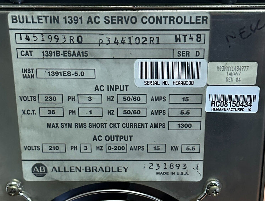 REPAIRED ALLEN BRADLEY 1391B-ESAA15 /D AC SERVO CONTROLLER 230V 15A 1391BESAA15