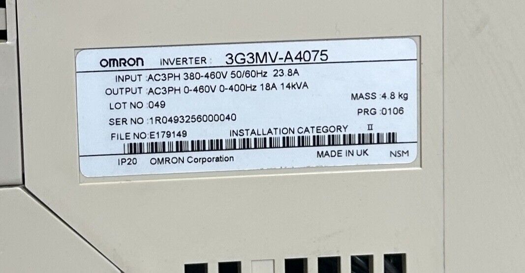 OMRON 3G3MV-A4075 / 3G3MVA4075 INVERTER DRIVE 7.5kW/10HP 380-460V 3G3MV-PDRT2