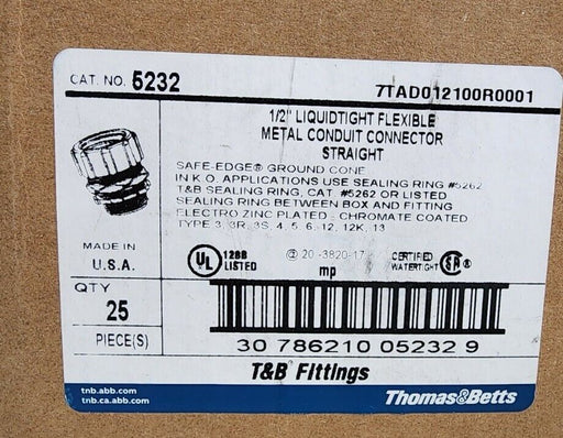 BOX OF 25 NEW THOMAS & BETTS 5232 1/2'' LIQUIDTIGHT FLEXIBLE CONDUIT CONNECTORS