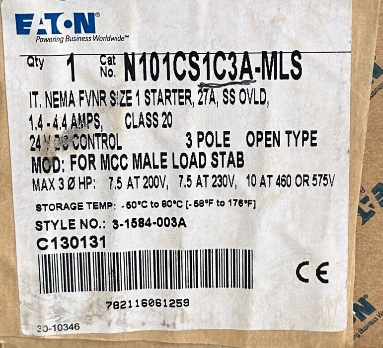 NEW EATON N101CS1C3A-MLS / 3-1584-003A NEMA FVNR SIZE 1 STARTER 27A 24VDC 3-POLE