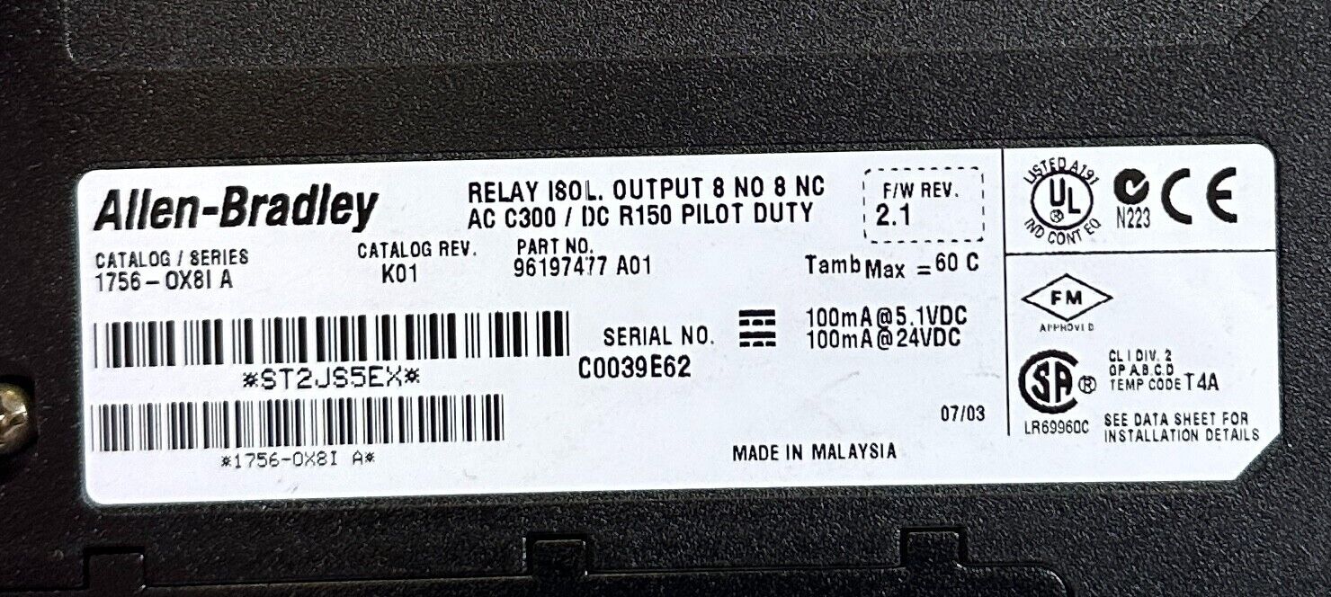 NEW ALLEN BRADLEY 1756-OX8I /A ControlLogix 8-PT RELAY ISO OUTPUT AC 1756OX8I