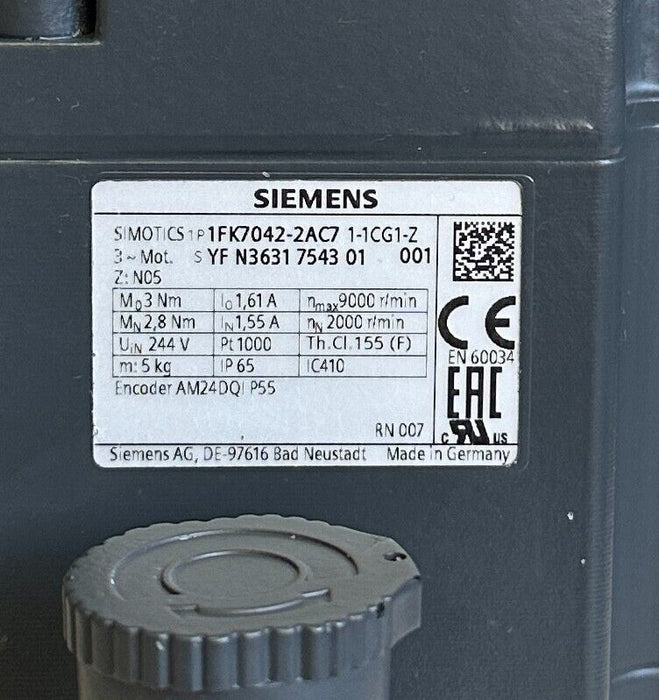 SIEMENS 1FK7042-2AC71-1CG1-Z / 1FK7042-2AC71-1CG1 SERVO MOTOR W/ MPR100 / 302867