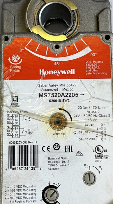 NEW HONEYWELL MS7520A2205 / S20010-SW2 SPRING-RETURN DAMPER ACTUATOR 24V 16VA