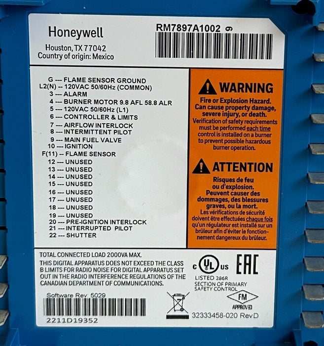 NEW HONEYWELL RM7897A1002 / RM7897A-1002 ON-OFF AUTOMATIC BURNER CONTROL 120V