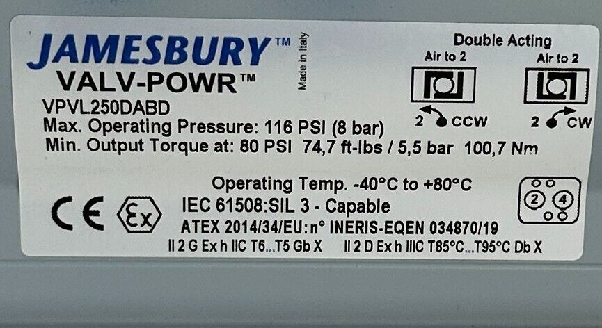 NEW JAMESBURY VPVL250DABD VALV-POWR PNEUMATIC ACTUATOR DOUBLE-ACTING 116PSI NOS