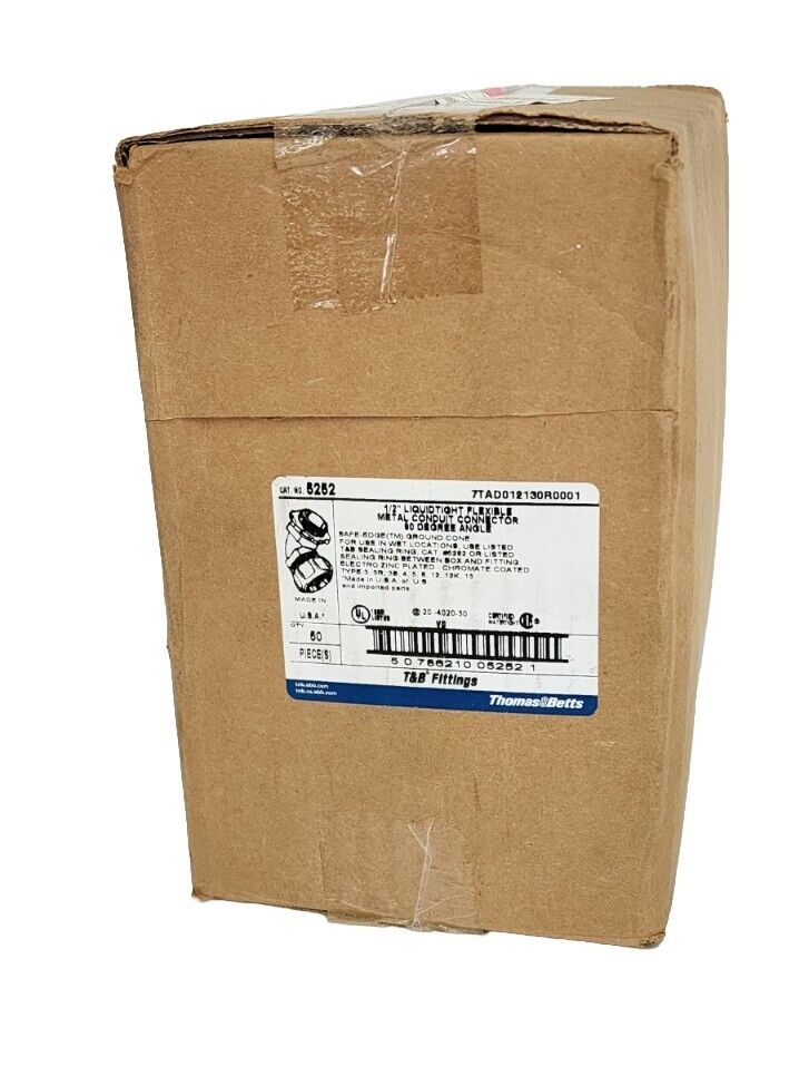 BOX OF 50 NEW THOMAS & BETTS 5252 1/2'' LIQUIDTIGHT FLEXIBLE METAL CONNECTORS