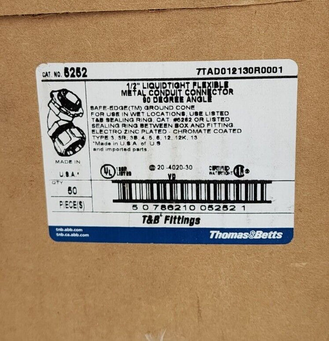 BOX OF 50 NEW THOMAS & BETTS 5252 1/2'' LIQUIDTIGHT FLEXIBLE METAL CONNECTORS