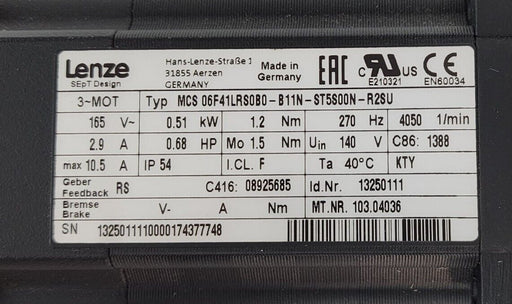 LENZE MCS 06F41LRS0B0-B11N-ST5S00N-R2SU SERVO MOTOR ID. NR. 13250111