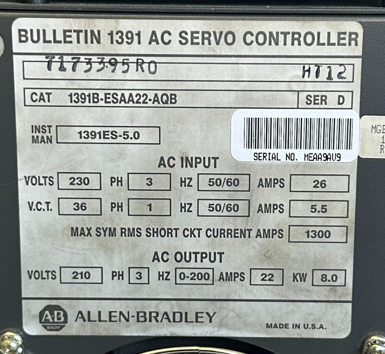 ALLEN BRADLEY 1391B-ESAA22-AQB /D AC SERVO CONTROLLER 8kW 22A 1391BESAA22AQB