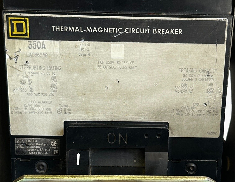 SQUARE D LAL36350 THERMAL-MAGNETIC CIRCUIT BREAKER 350A W/ 9422RR1 /B MECHANISM