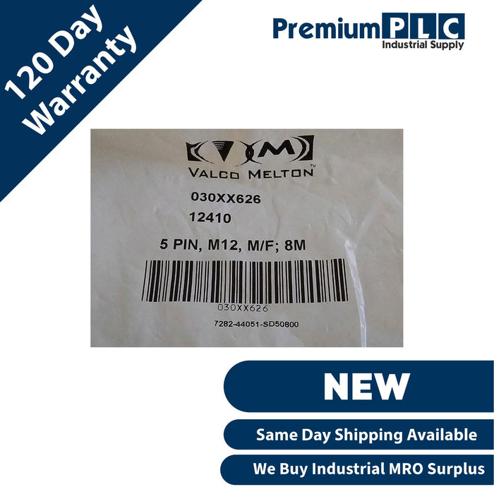 NEW VALCO MELTON / VALCO CINCINATI 030XX626 5-PIN, M12, M/F; 8M CONNECTOR CABLE