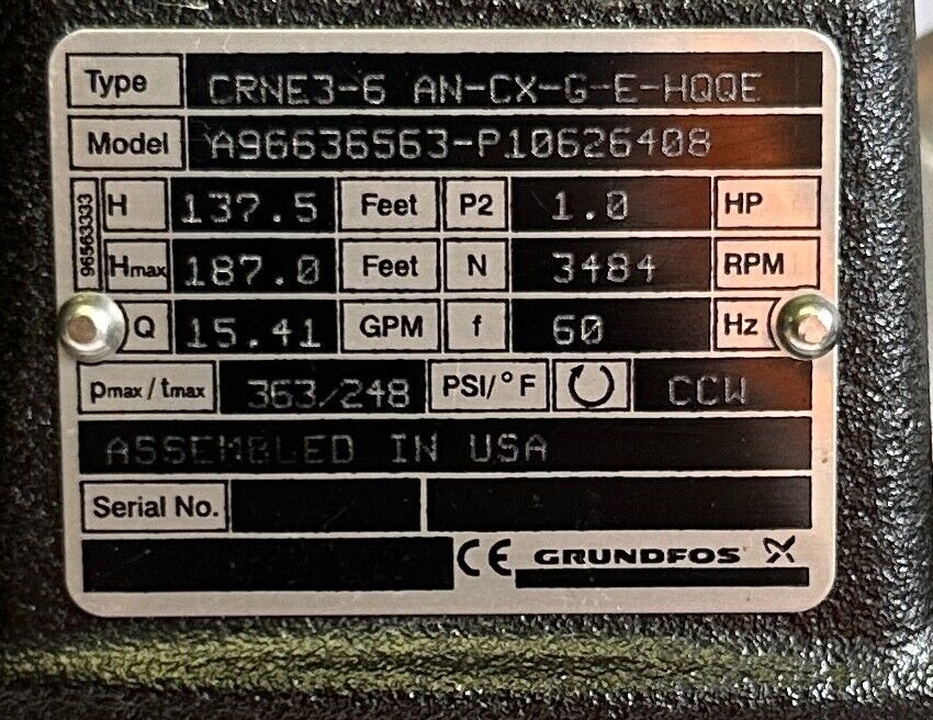 NEW GRUNDFOS A96636563-P10626408 CRNE3-6 AN-CX-G-E-HQQE PUMP ONLY 1HP 15.41GPM