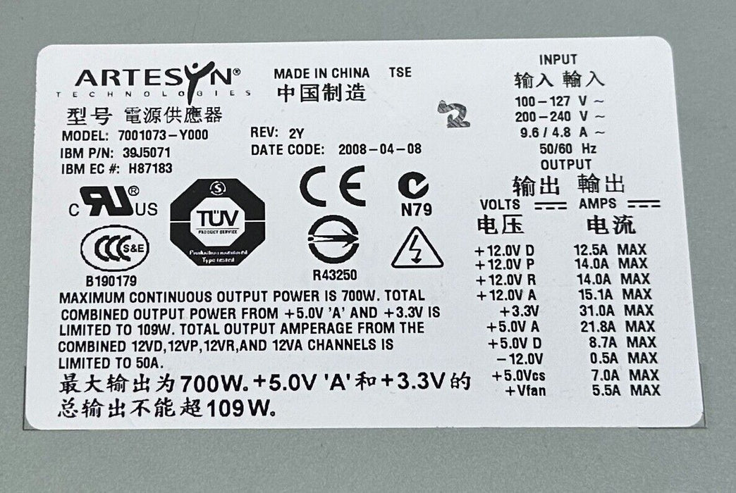 ARTESYN TECHNOLOGIES 7001073-Y000 / 39J5071 AC POWER SUPPLY 100-240V 9.6/4.8A
